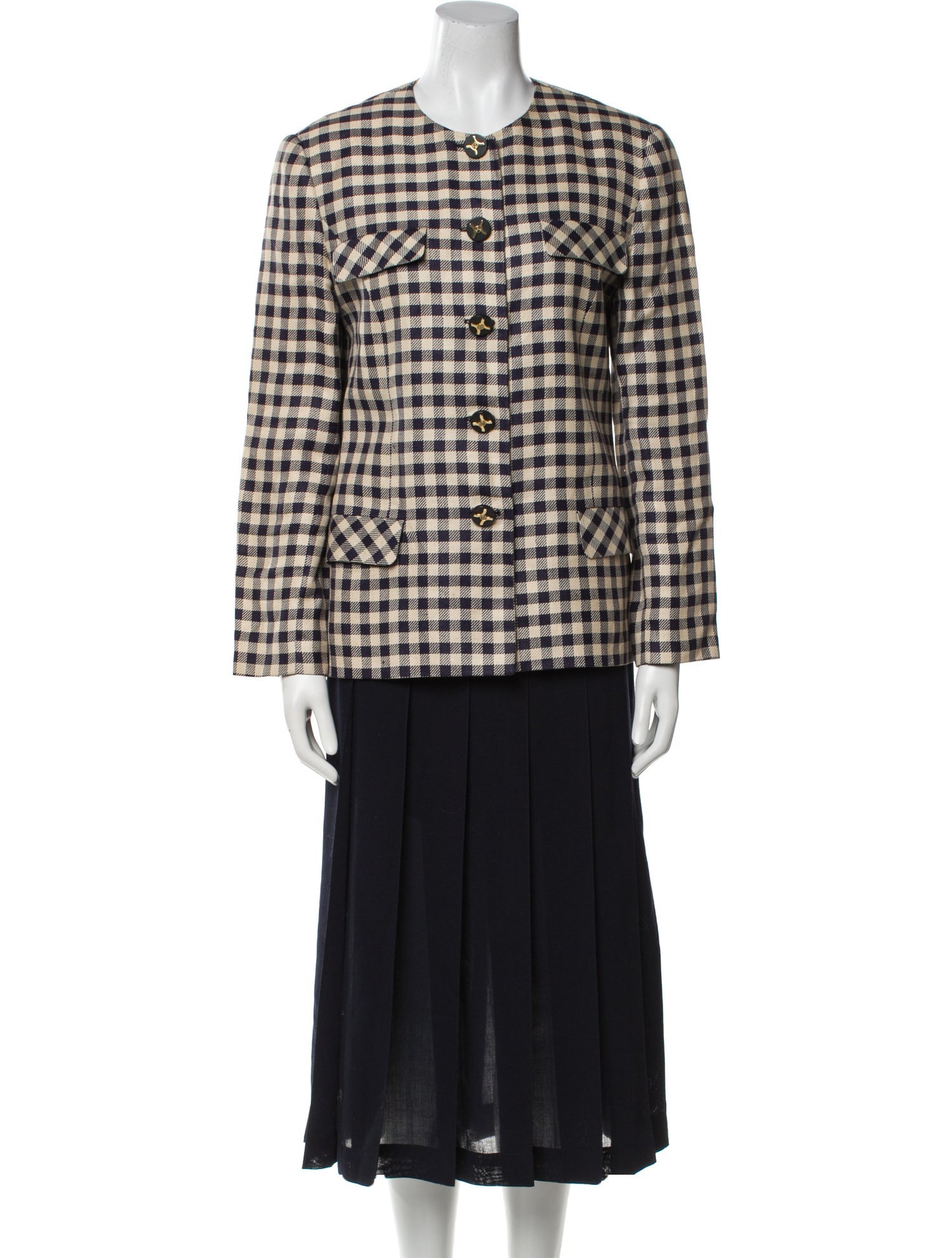 Louis Feraud Linen Plaid Print Skirt Suit