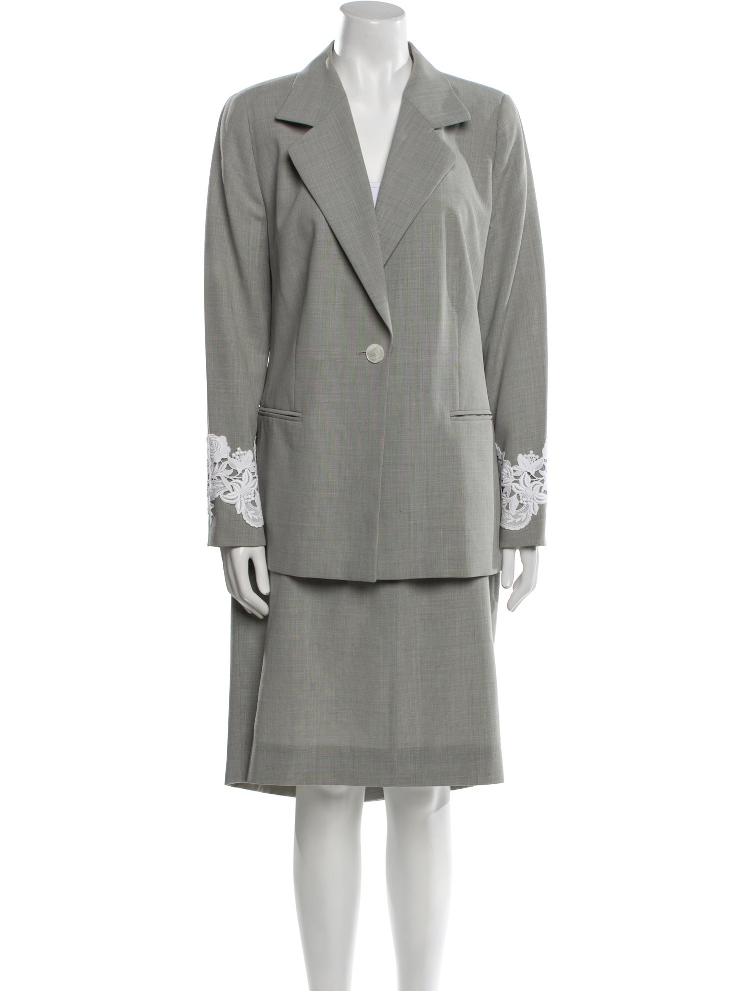 Louis Feraud Wool Lace Trim Embellishment Skirt Suit