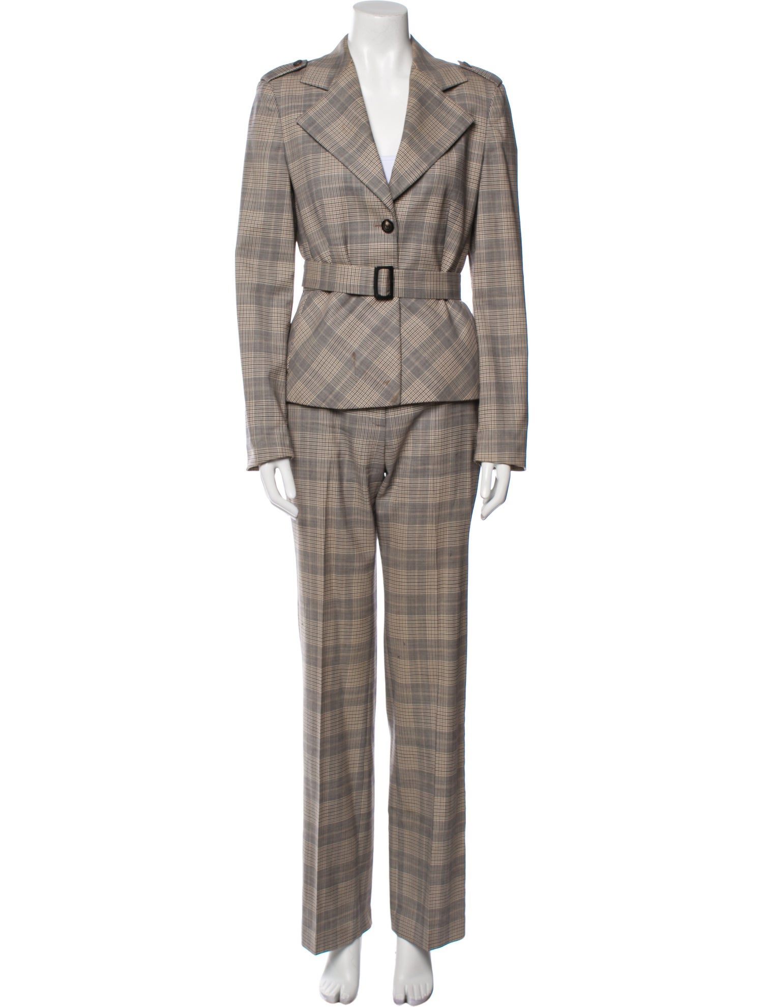Louis Feraud Virgin Wool Plaid Print Pantsuit