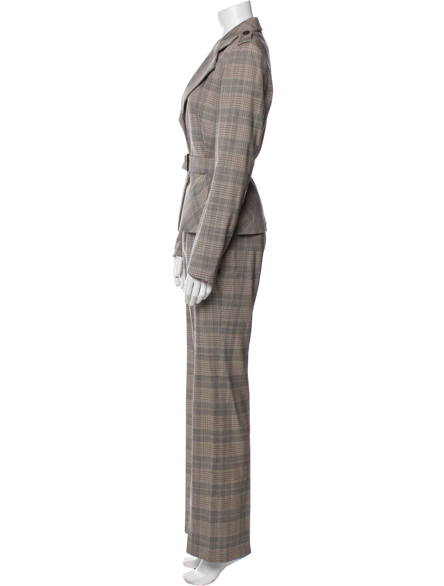 Louis Feraud Virgin Wool Plaid Print Pantsuit