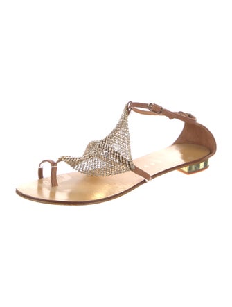 Lola Cruz Leather Crystal Embellishments T-Strap Sandals