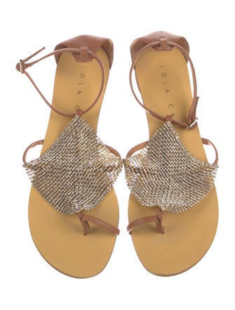 Lola Cruz Leather Crystal Embellishments T-Strap Sandals