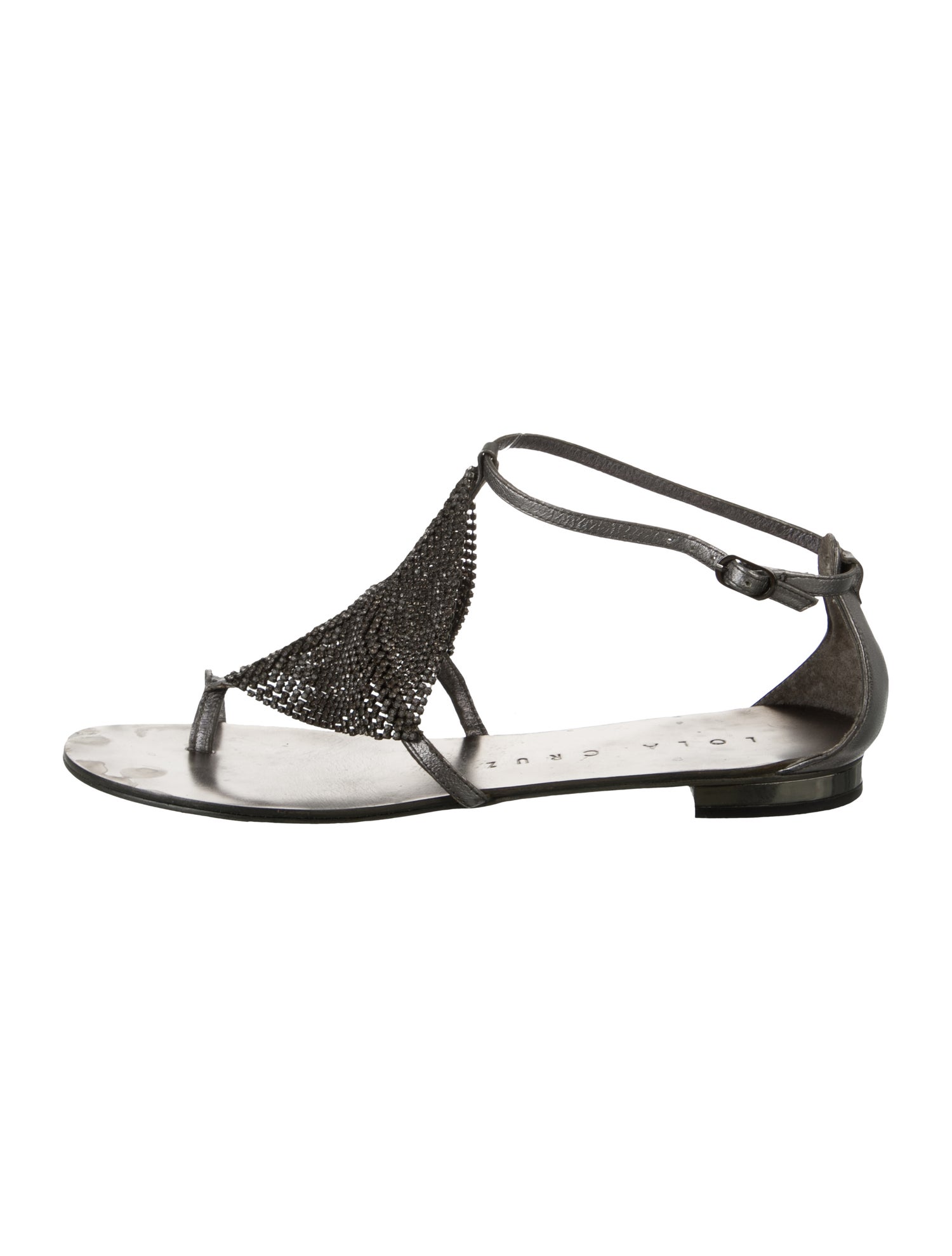 Lola Cruz Leather Crystal Embellishments T-Strap Sandals