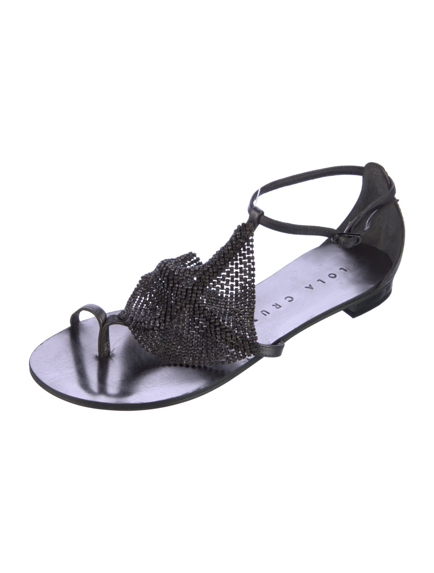 Lola Cruz Leather Crystal Embellishments T-Strap Sandals