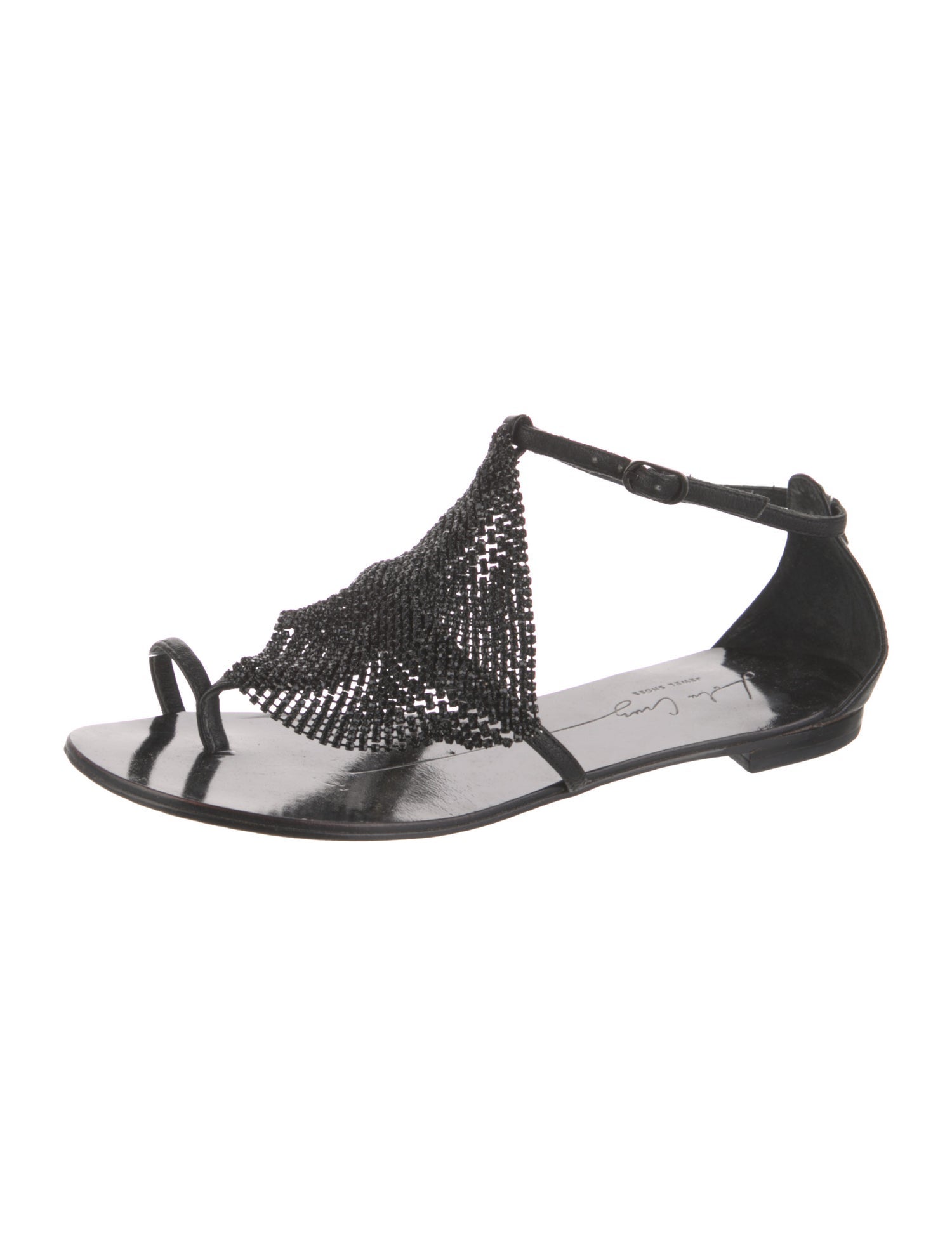 Lola Cruz Leather Crystal Embellishments T-Strap Sandals