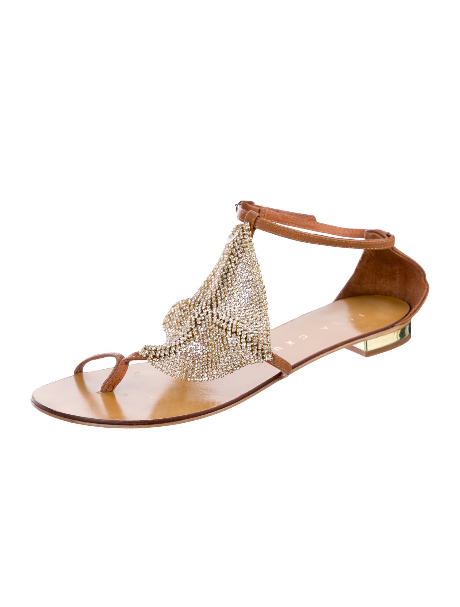 Lola Cruz Leather Crystal Embellishments T-Strap Sandals