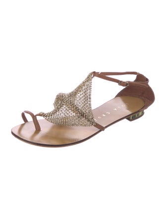 Lola Cruz Leather Crystal Embellishments T-Strap Sandals