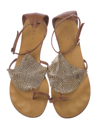 Lola Cruz Leather Crystal Embellishments T-Strap Sandals