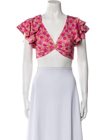 LoveShackFancy Tops Floral Print V-Neck Crop Top S