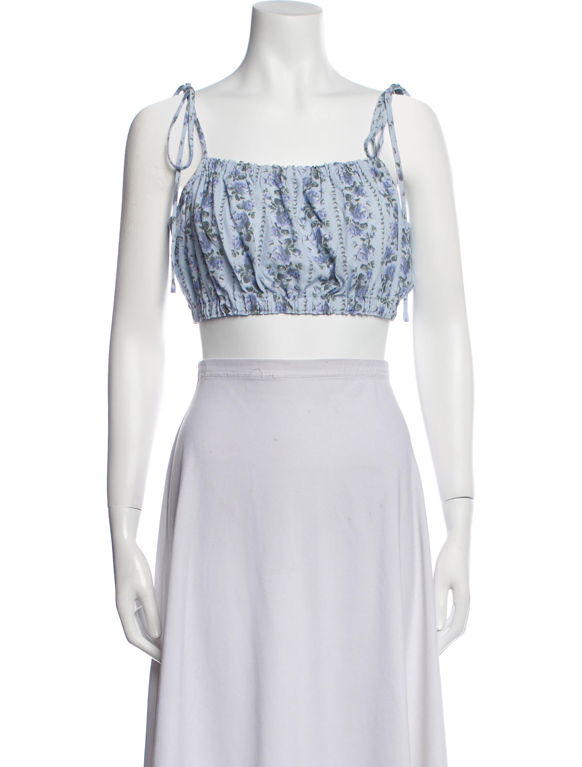 LoveShackFancy Floral Print Square Neckline Crop Top