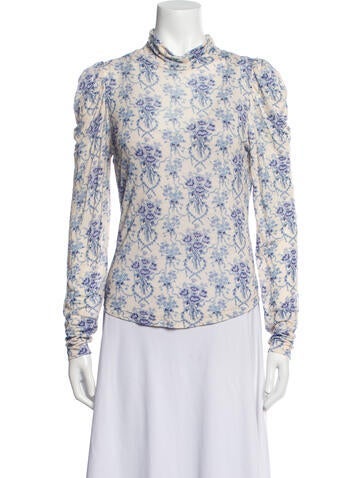 LoveShackFancy Tops Floral Print Mock Neck Button-Up Top L
