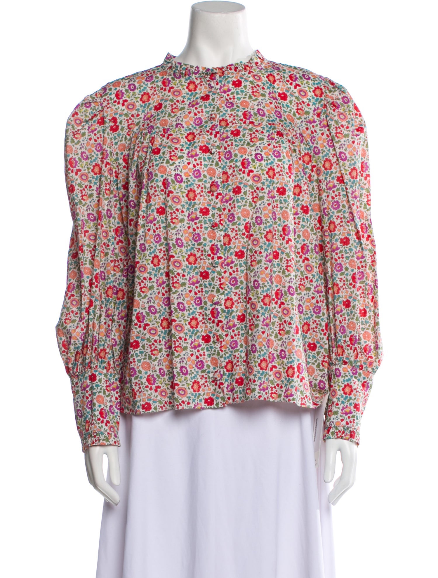 LoveShackFancy Floral Print Mock Neck Blouse