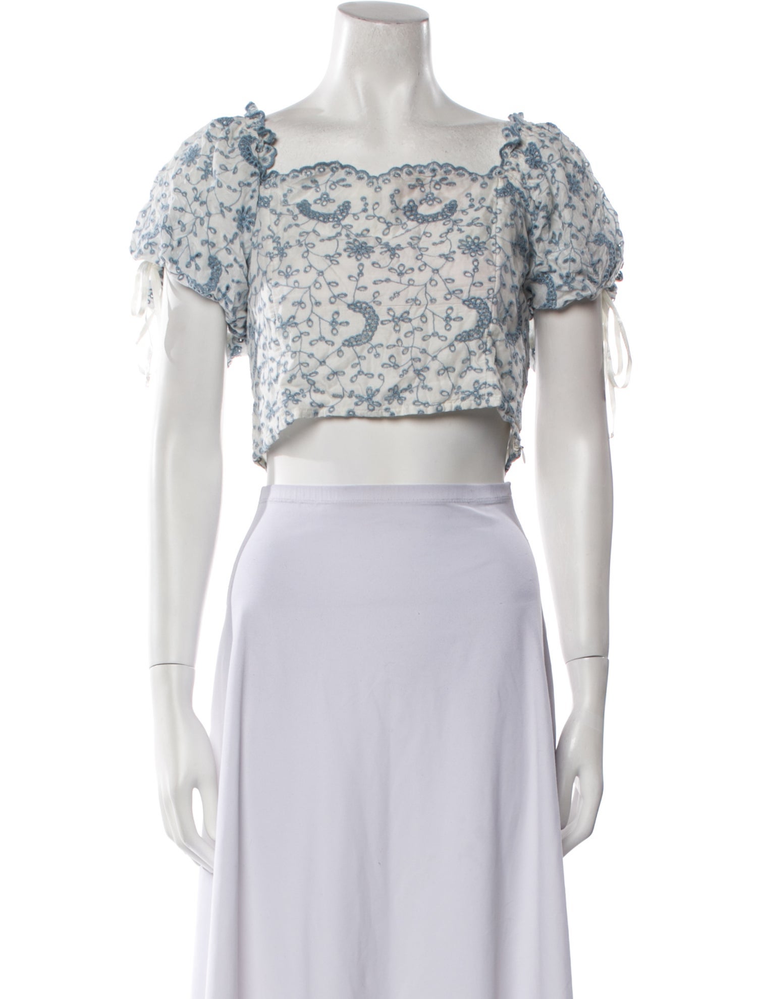 LoveShackFancy Floral Print Square Neckline Crop Top
