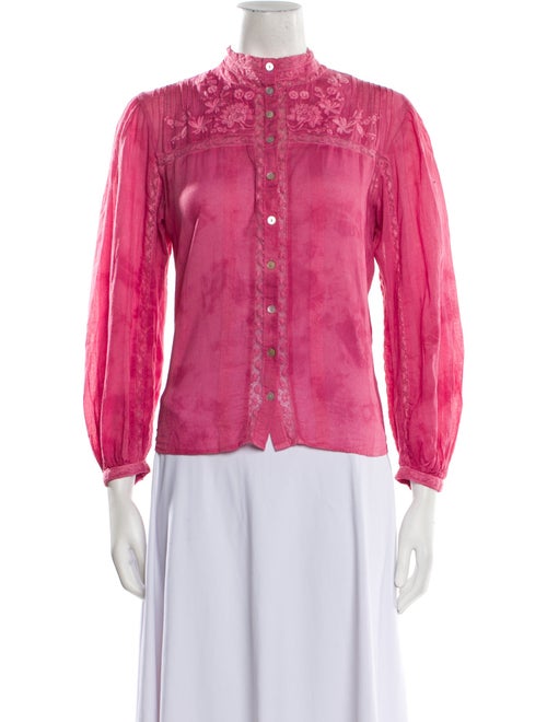 LoveShackFancy Mock Neck Three-Quarter Sleeve Button-Up Top