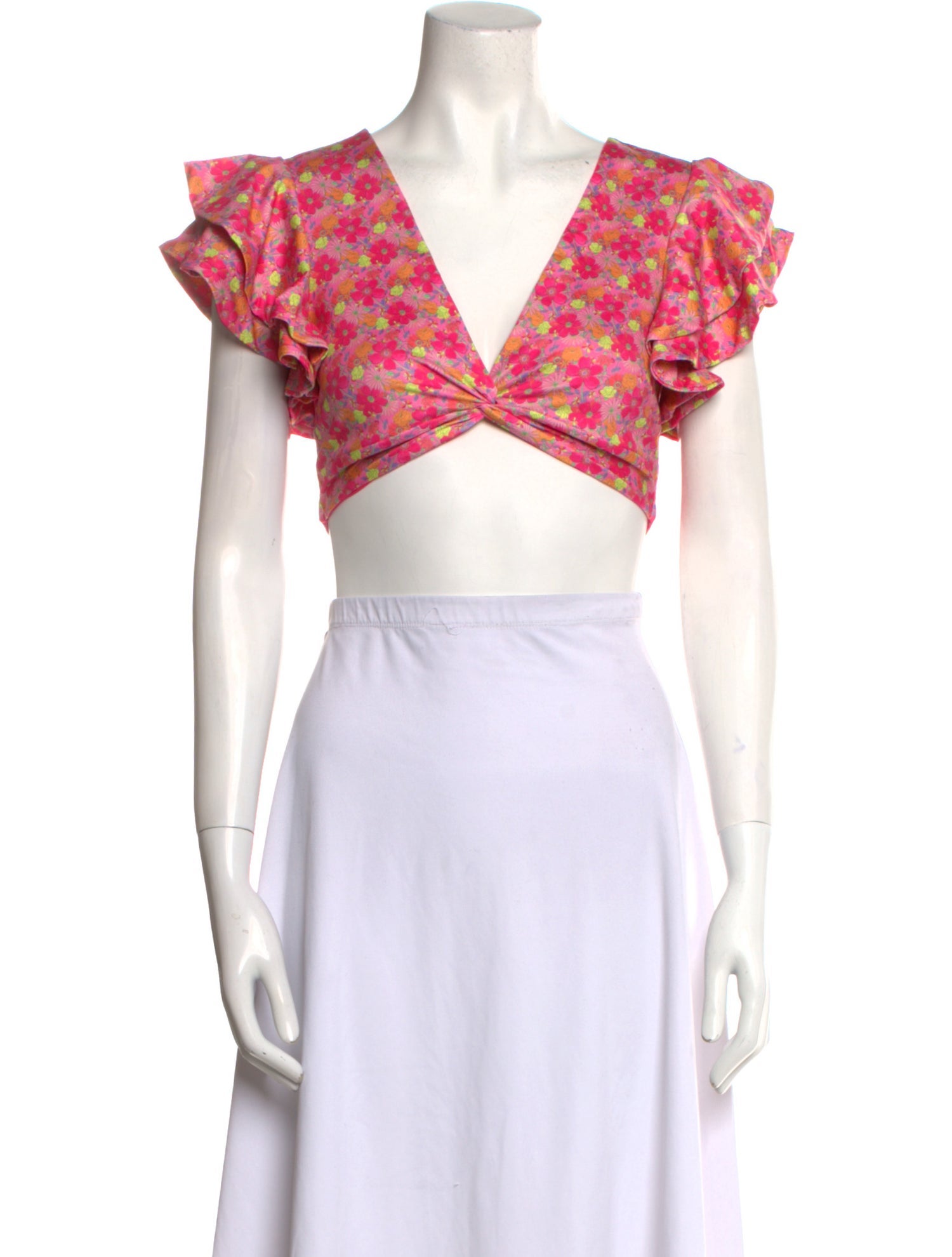 LoveShackFancy Floral Print V-Neck Crop Top