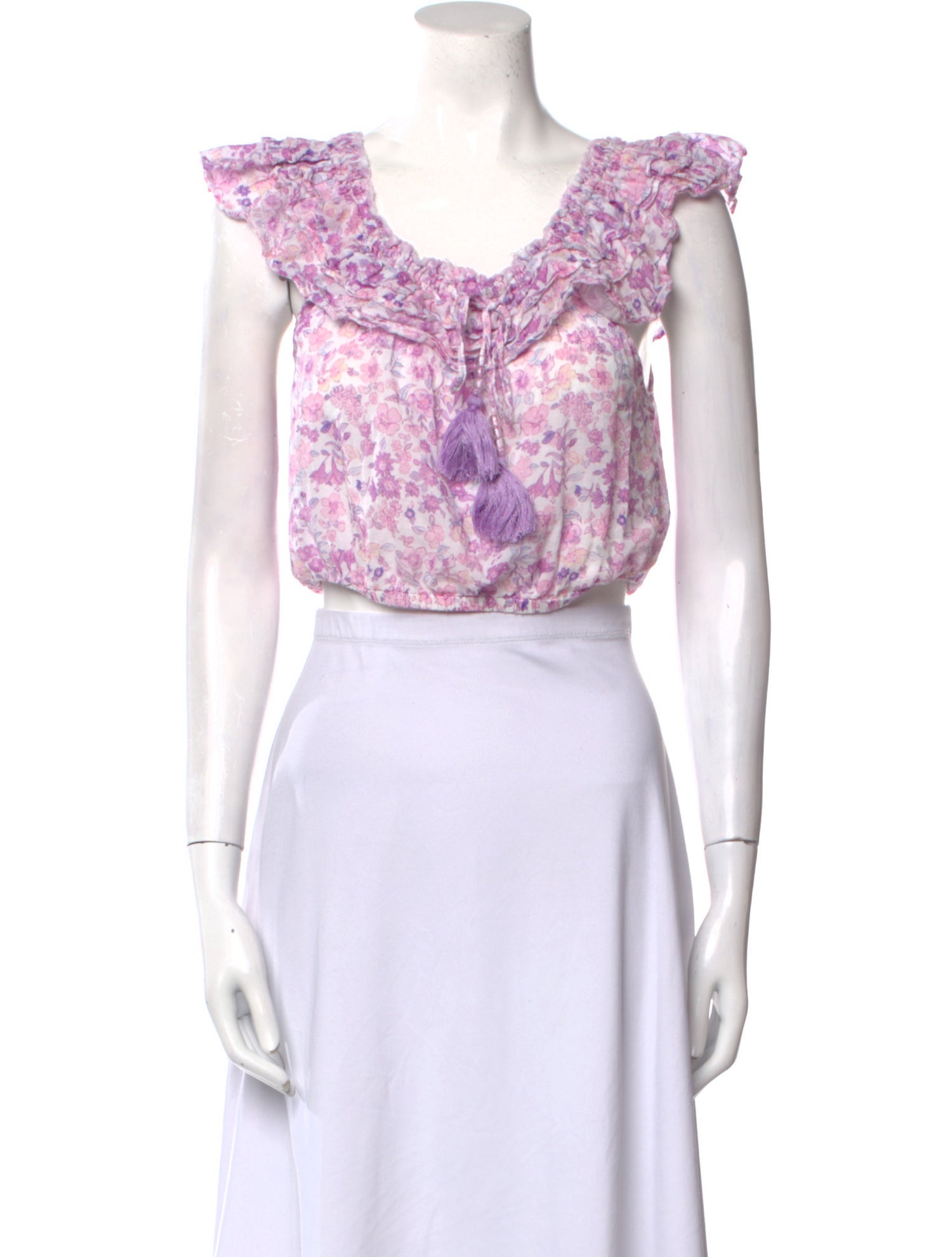 LoveShackFancy Floral Print Scoop Neck Crop Top