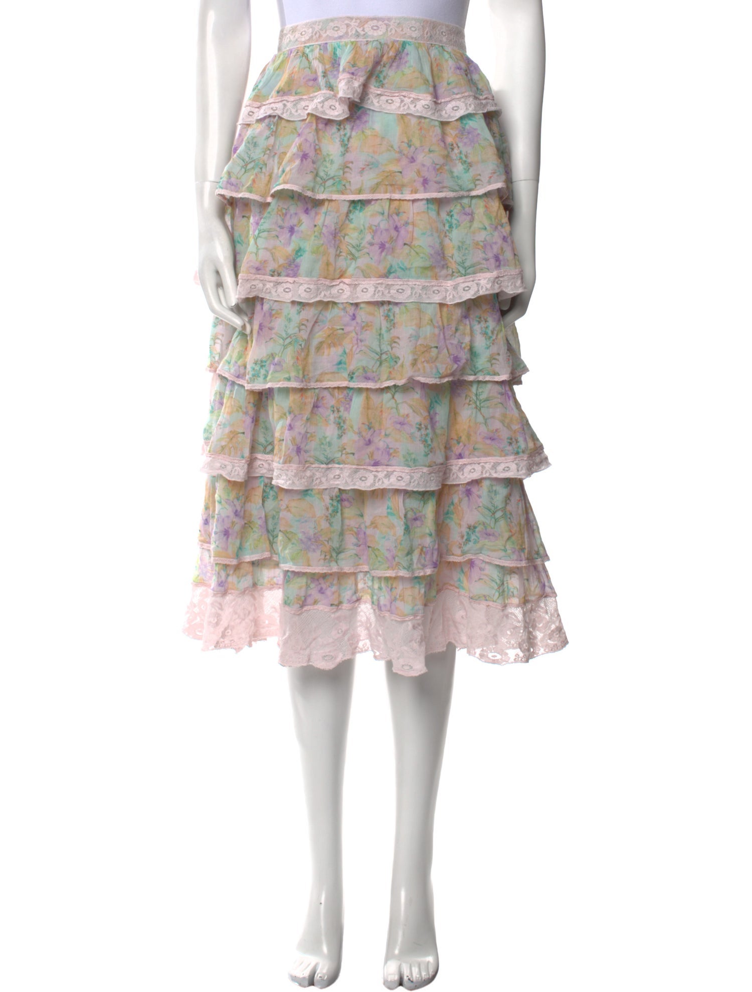 LoveShackFancy Floral Print Midi Length Skirt