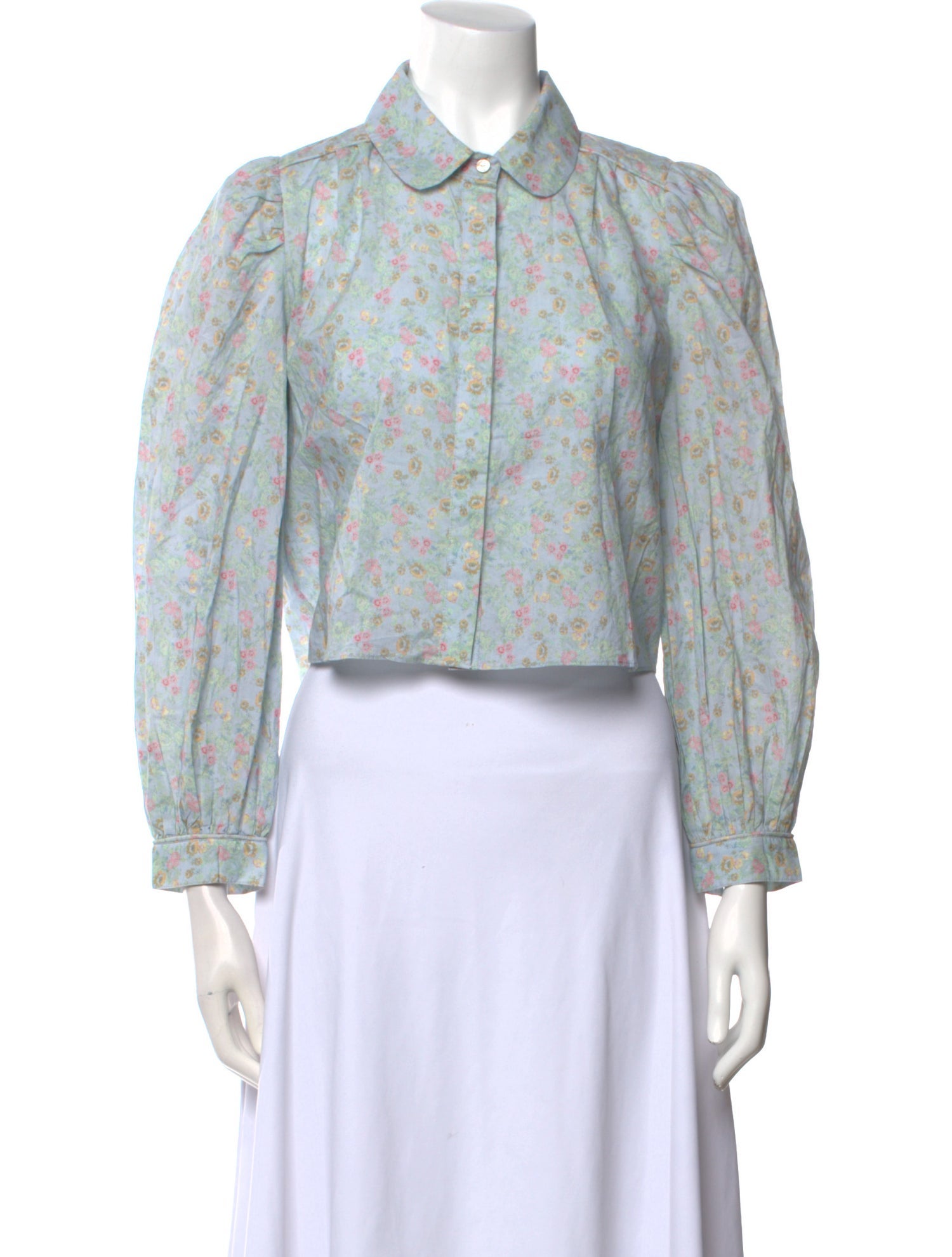 LoveShackFancy Floral Print Long Sleeve Crop Top