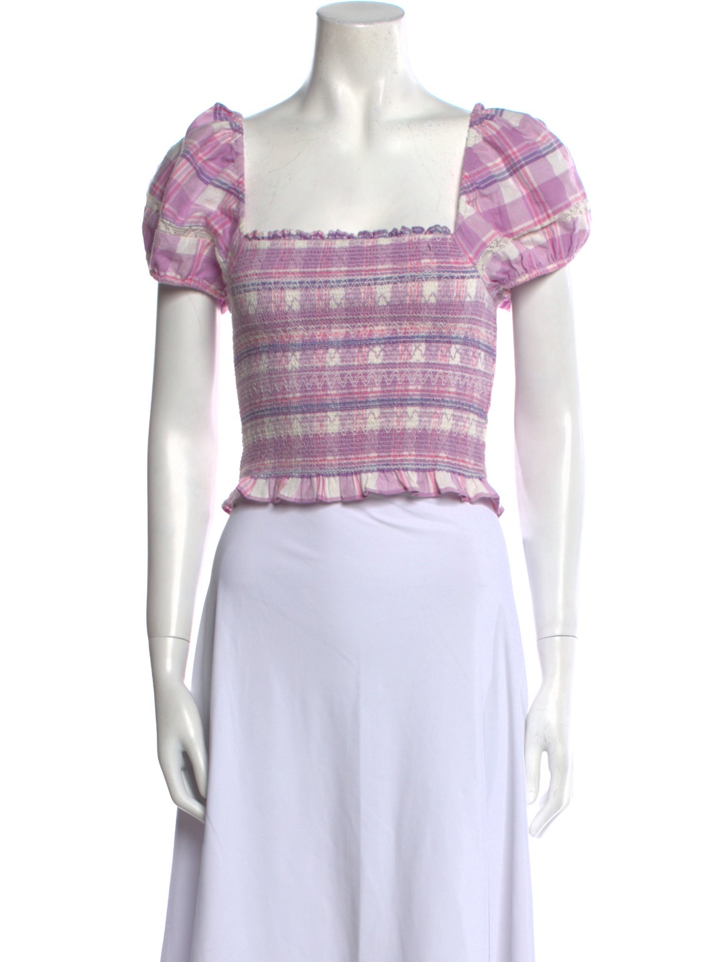 LoveShackFancy Plaid Print Square Neckline Crop Top