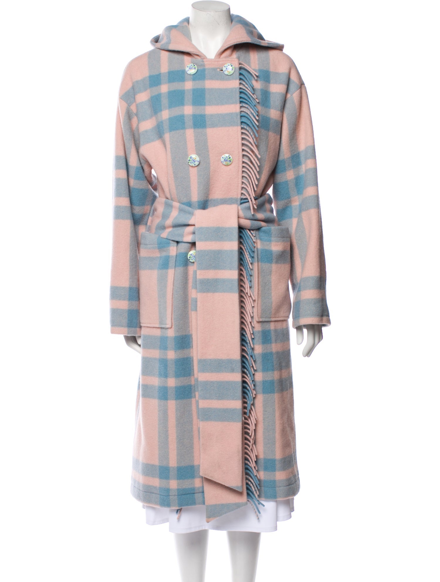 LoveShackFancy Wool Plaid Print Trench Coat