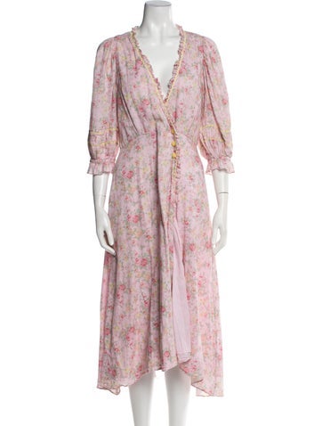 LoveShackFancy Loungewear Floral Print Embroidered Accent Robe XS