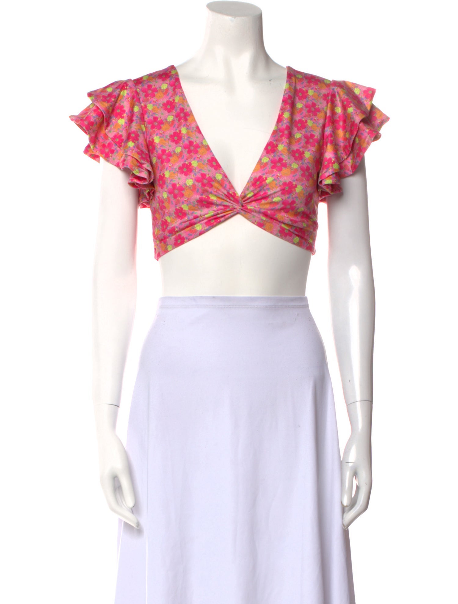 LoveShackFancy Floral Print V-Neck Crop Top