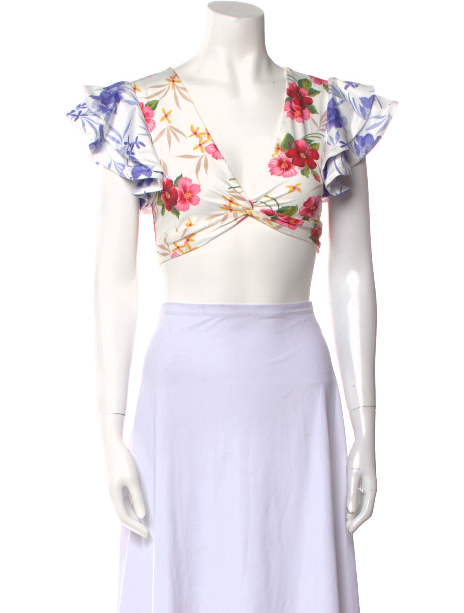 LoveShackFancy Floral Print Plunge Neckline Crop Top