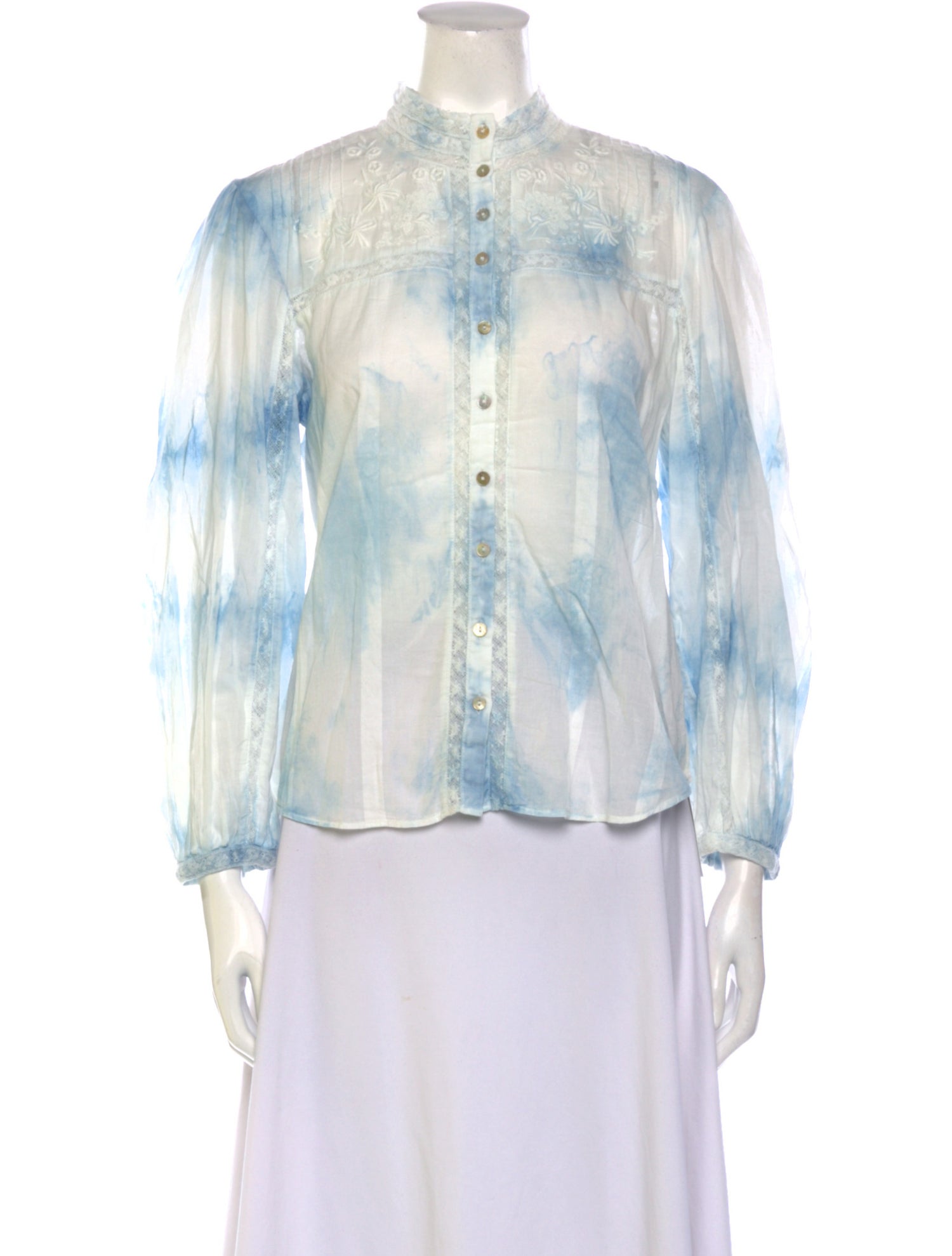 LoveShackFancy Tie-Dye Print Mock Neck Button-Up Top