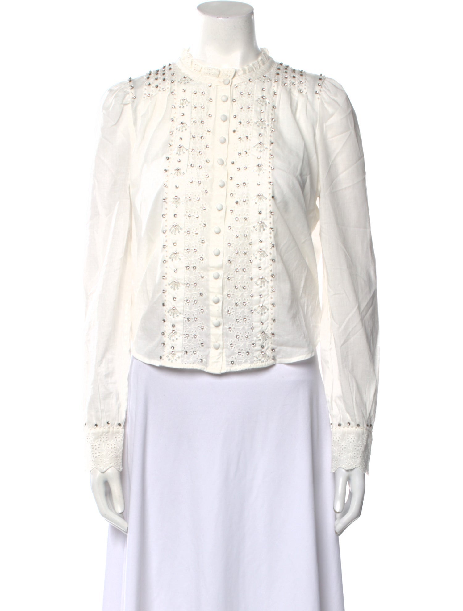 LoveShackFancy Crew Neck Long Sleeve Button-Up Top