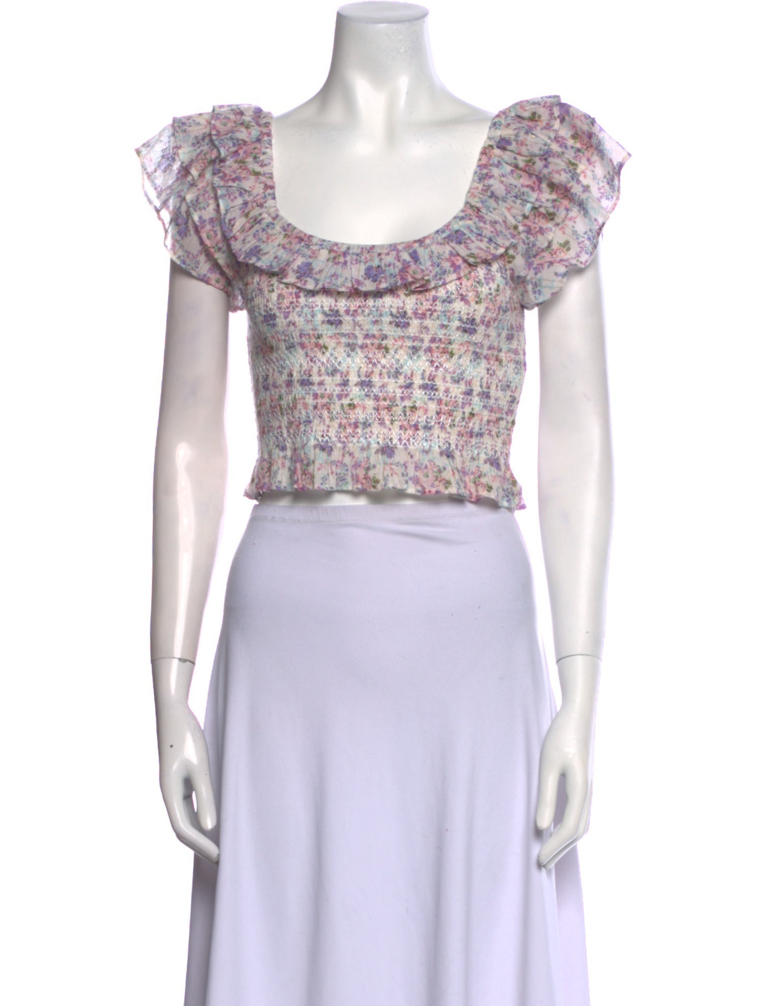 LoveShackFancy Floral Print Scoop Neck Crop Top
