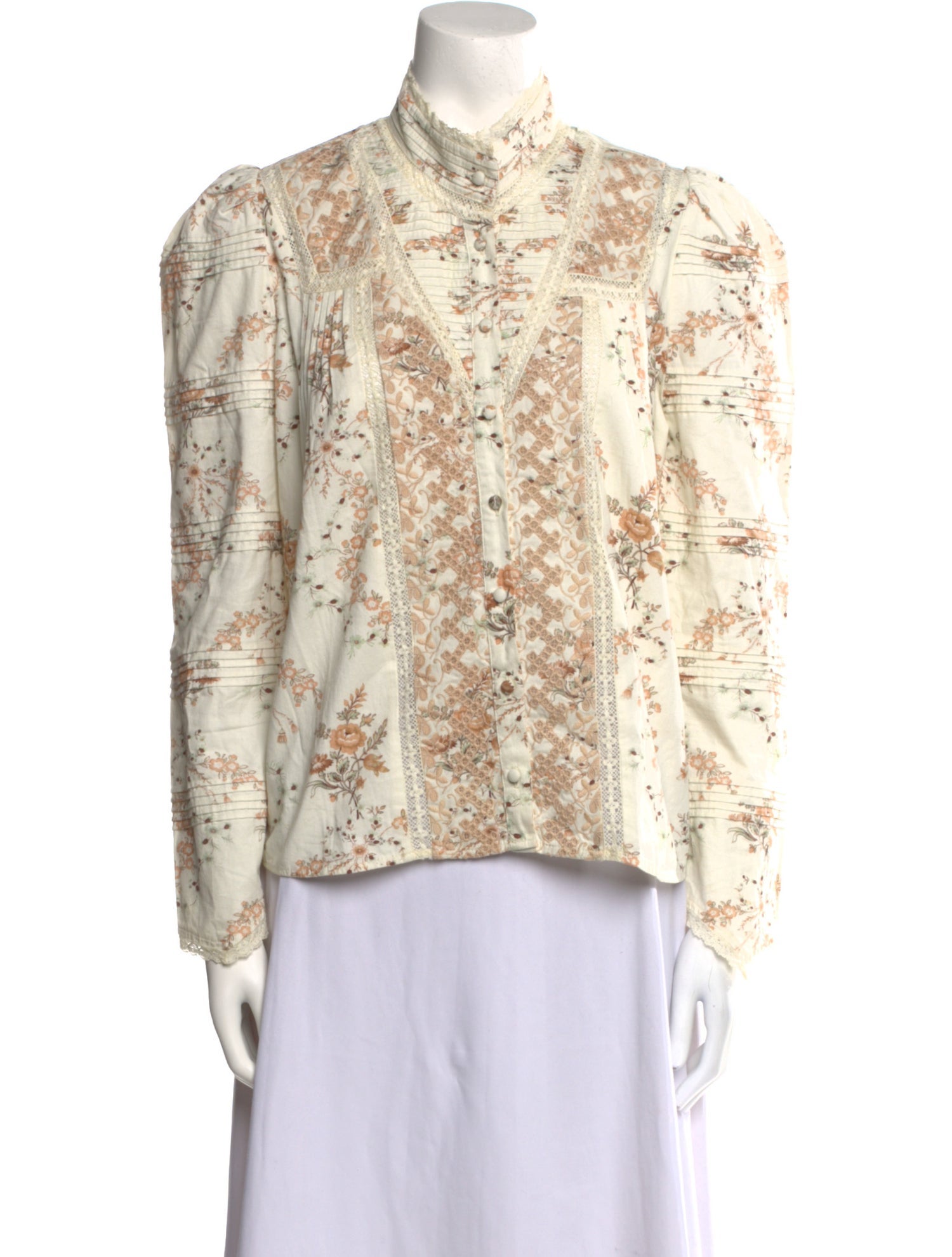 LoveShackFancy Floral Print Mock Neck Button-Up Top