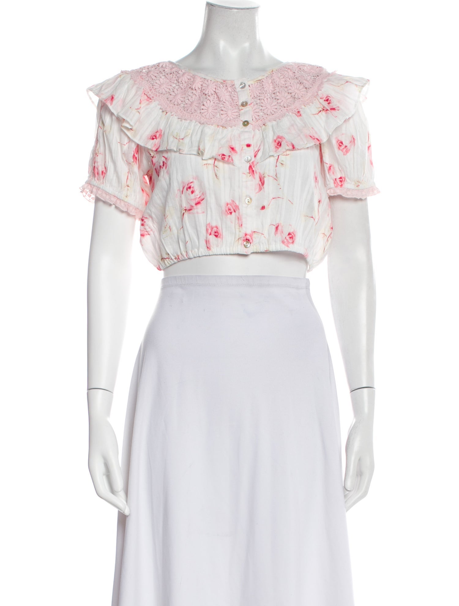 LoveShackFancy Floral Print Bateau Neckline Crop Top