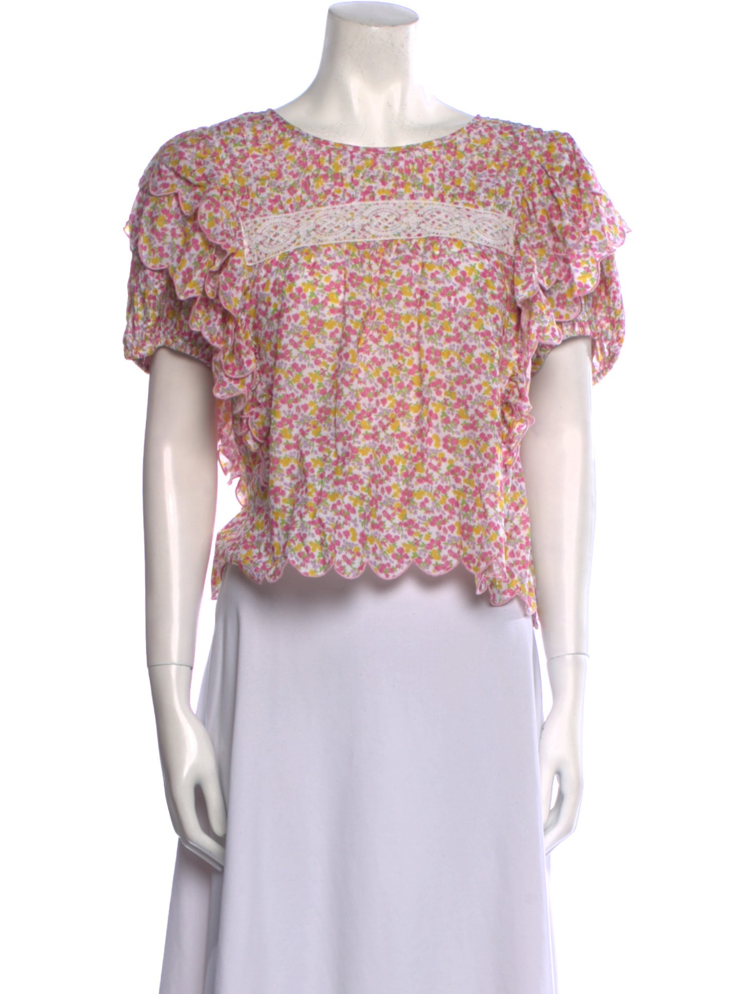 LoveShackFancy Floral Print Bateau Neckline Crop Top