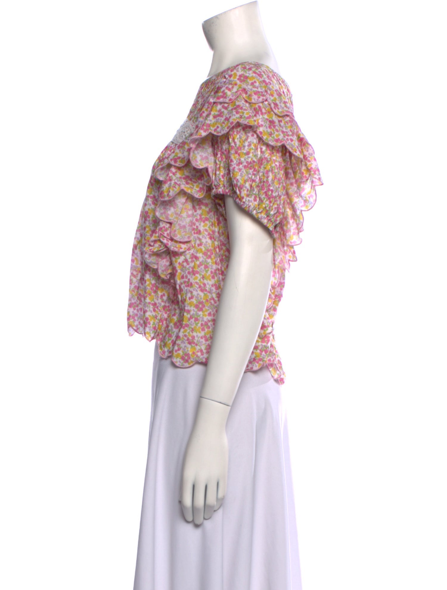 LoveShackFancy Floral Print Bateau Neckline Crop Top