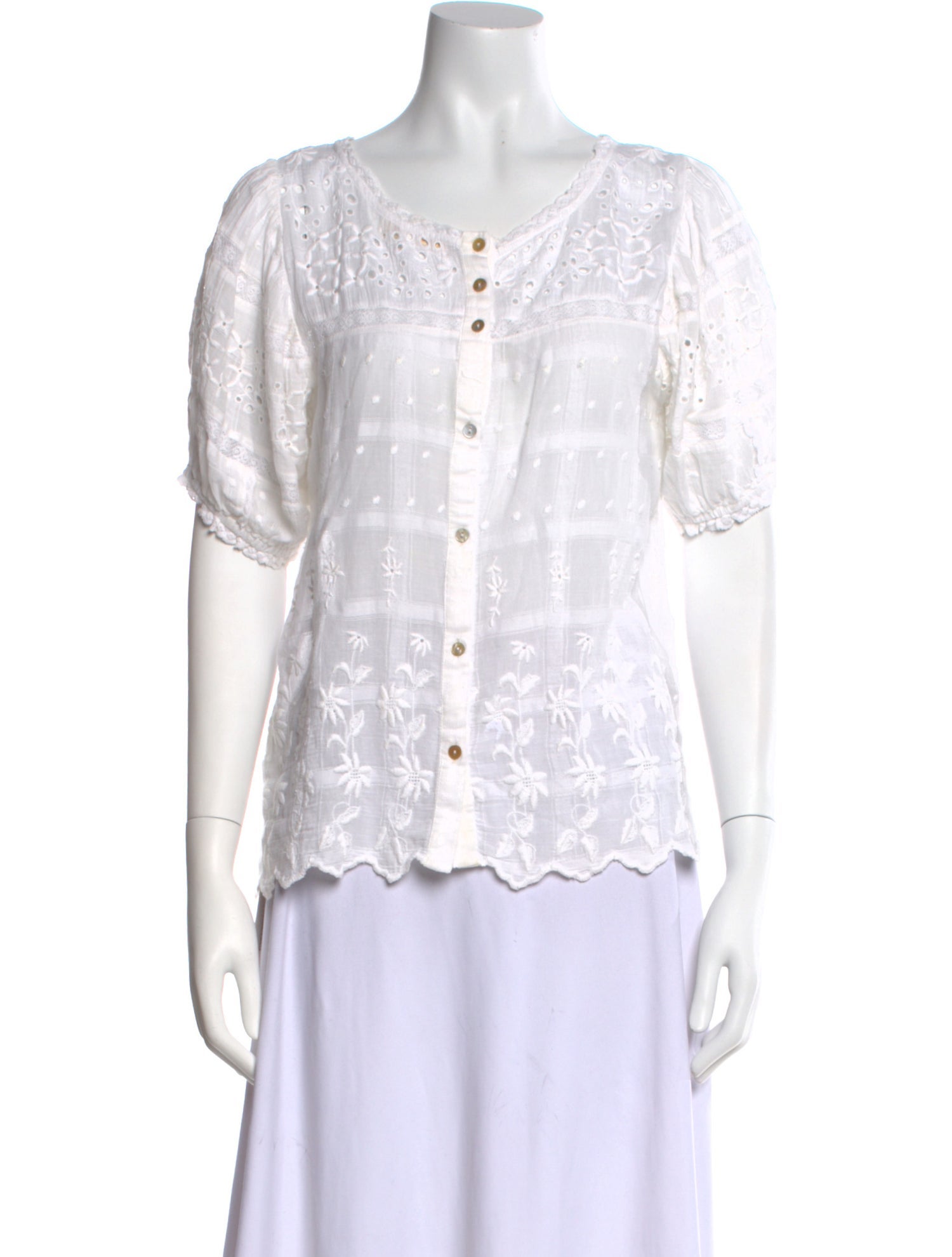 LoveShackFancy Scoop Neck Short Sleeve Button-Up Top