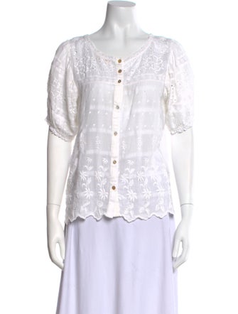 LoveShackFancy Scoop Neck Short Sleeve Button-Up Top