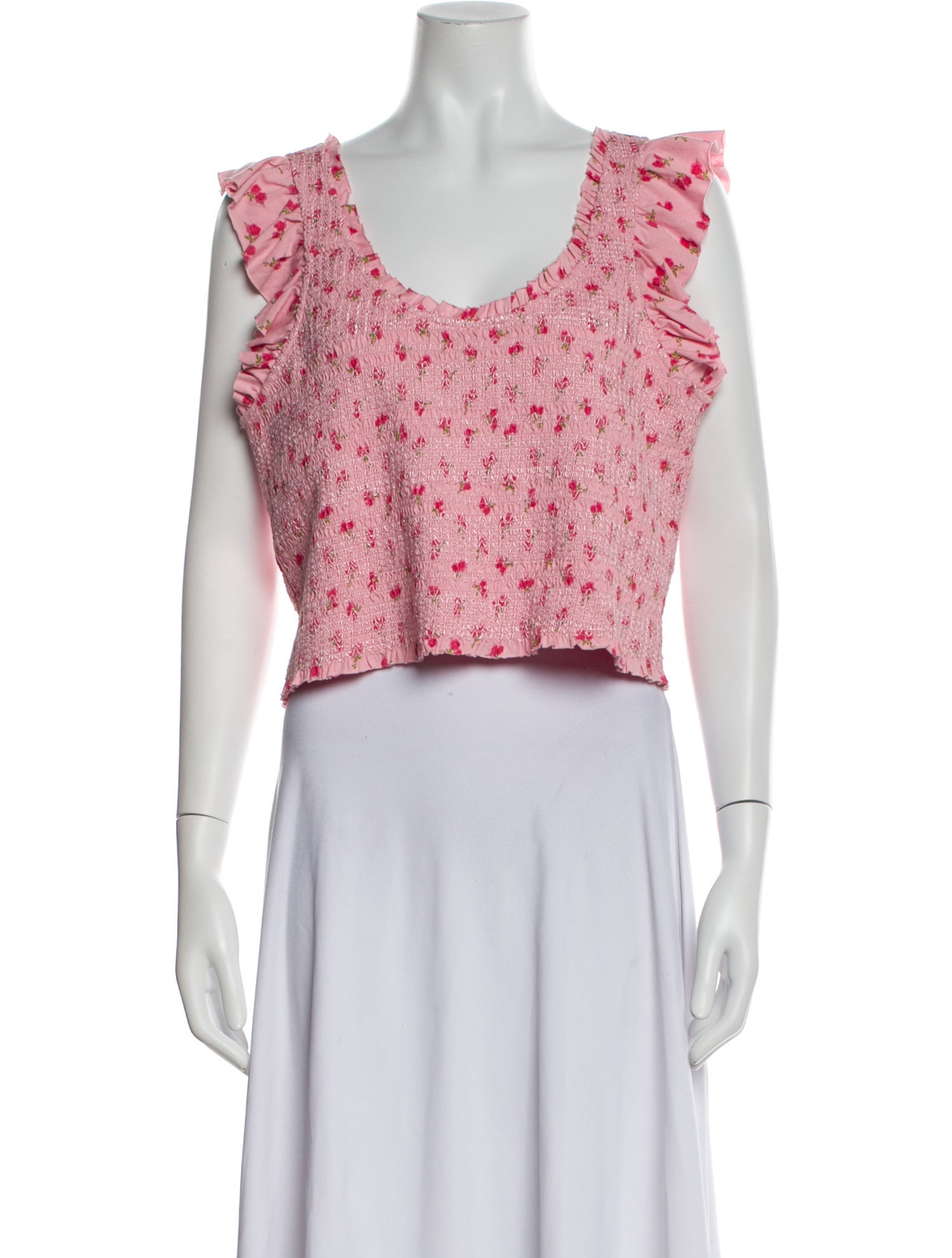 LoveShackFancy Floral Print Scoop Neck Crop Top