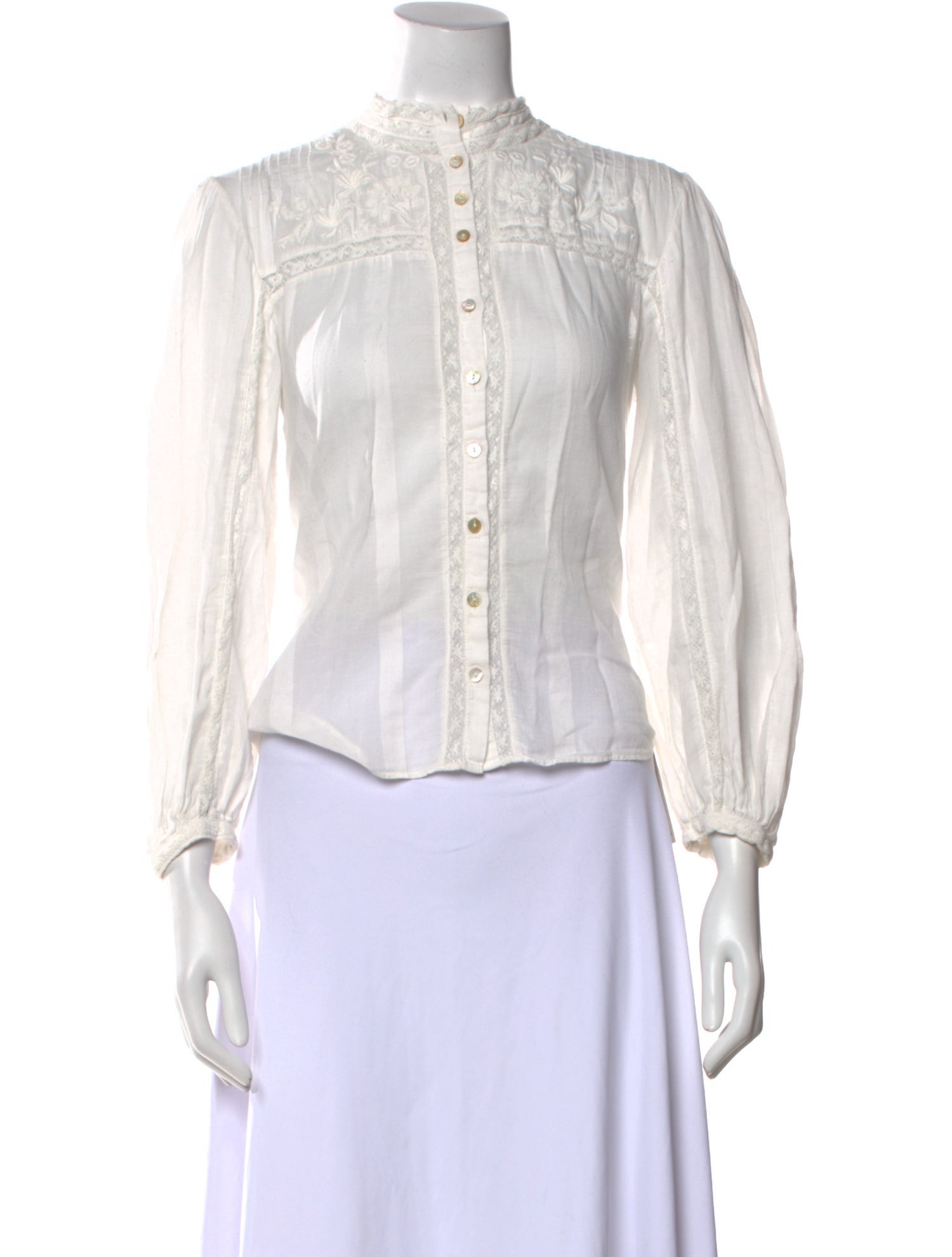 LoveShackFancy Mock Neck Three-Quarter Sleeve Button-Up Top