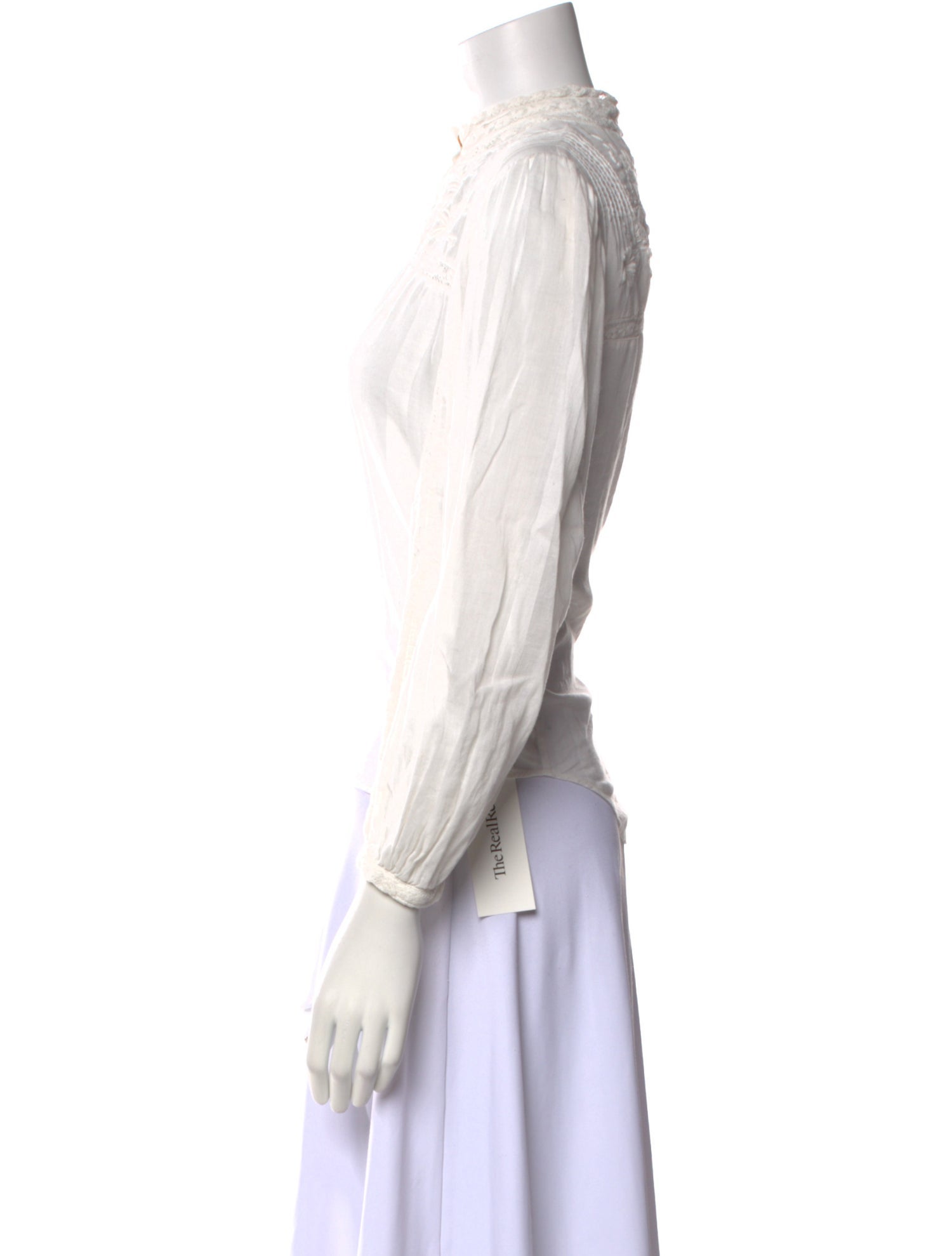 LoveShackFancy Mock Neck Three-Quarter Sleeve Button-Up Top