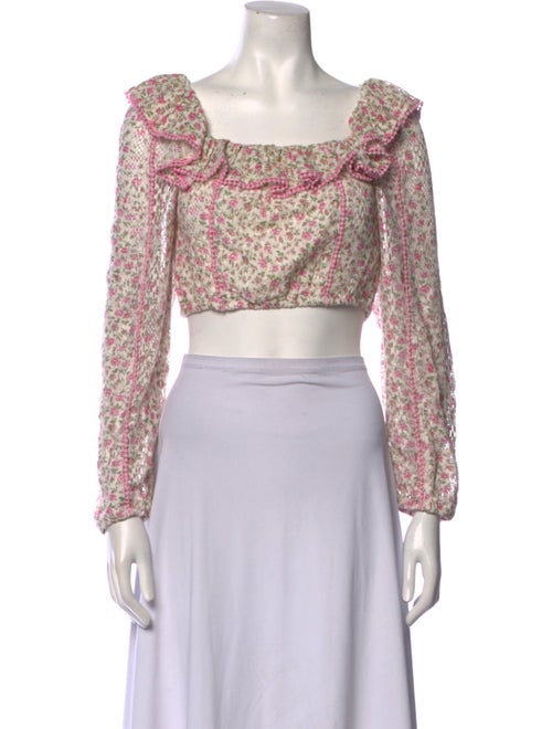 LoveShackFancy Floral Print Square Neckline Crop Top