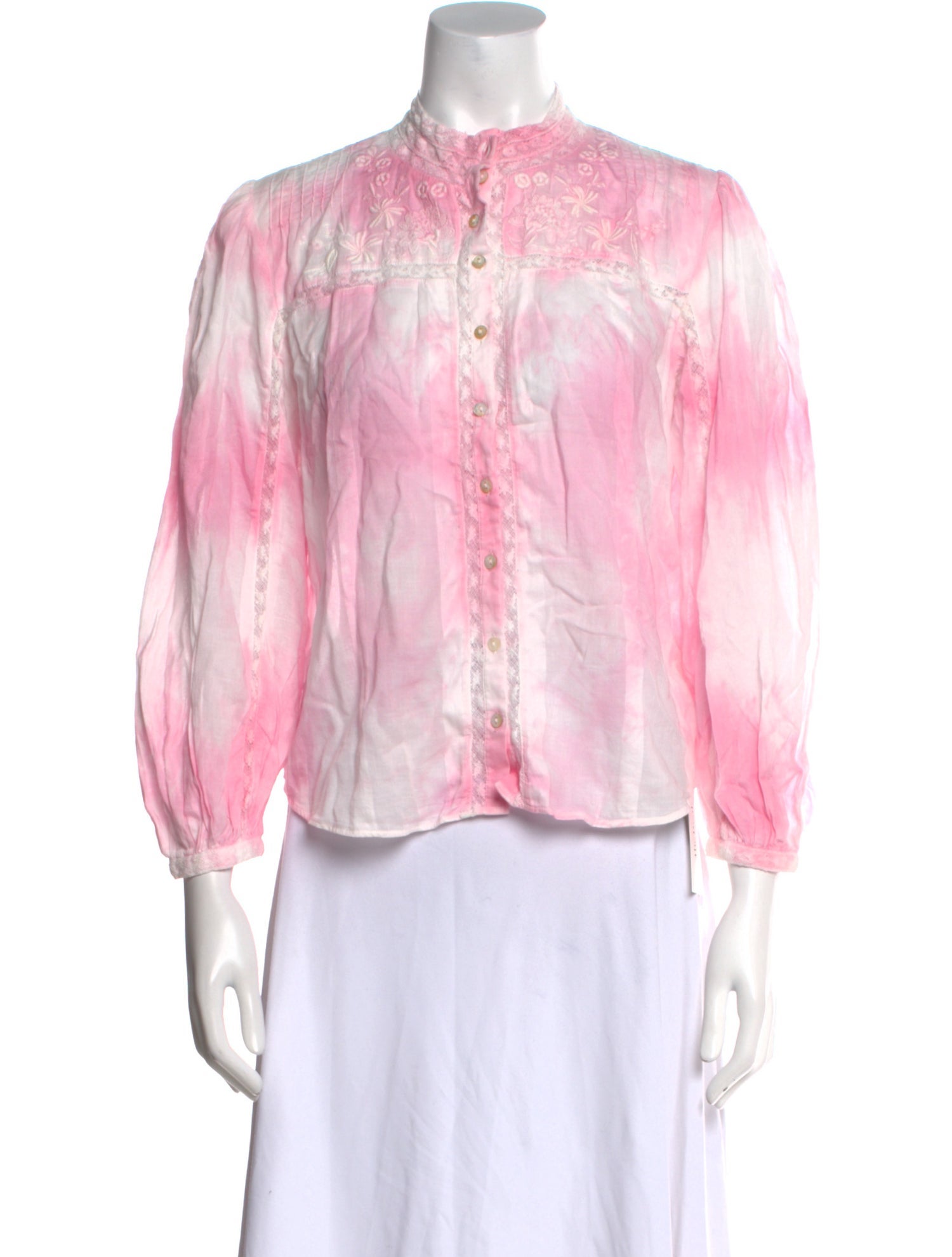 LoveShackFancy Tie-Dye Print Mock Neck Button-Up Top