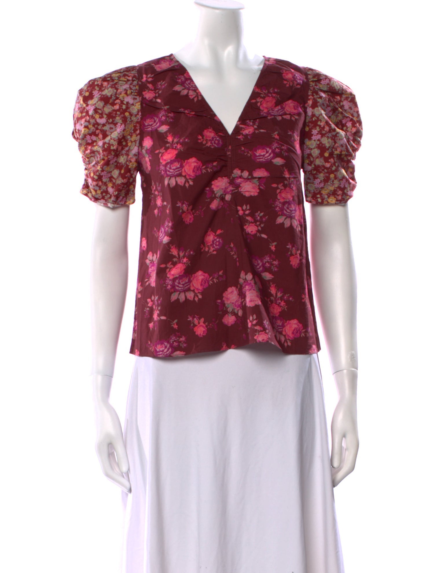 LoveShackFancy Floral Print V-Neck Blouse