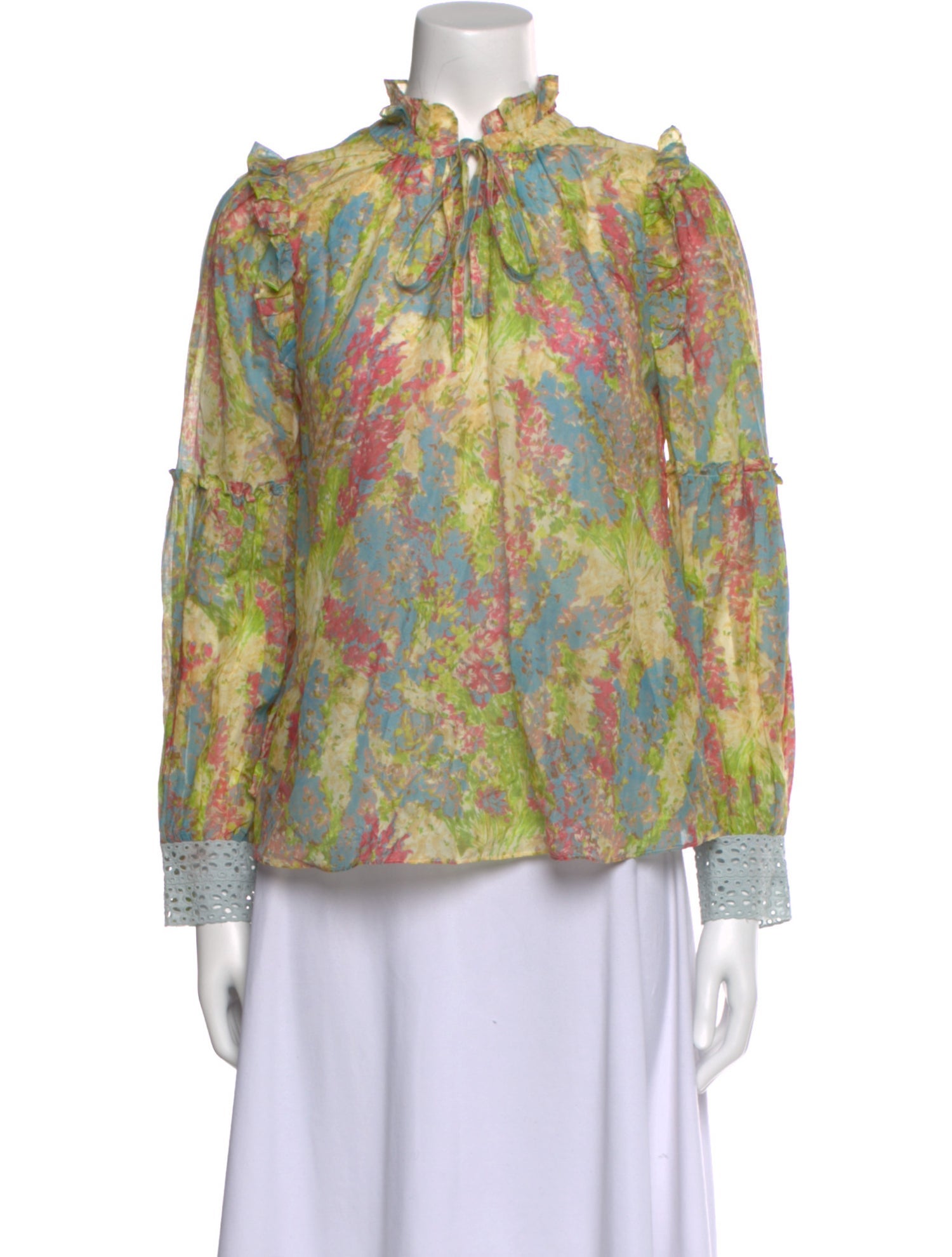 LoveShackFancy Floral Print Mock Neck Blouse