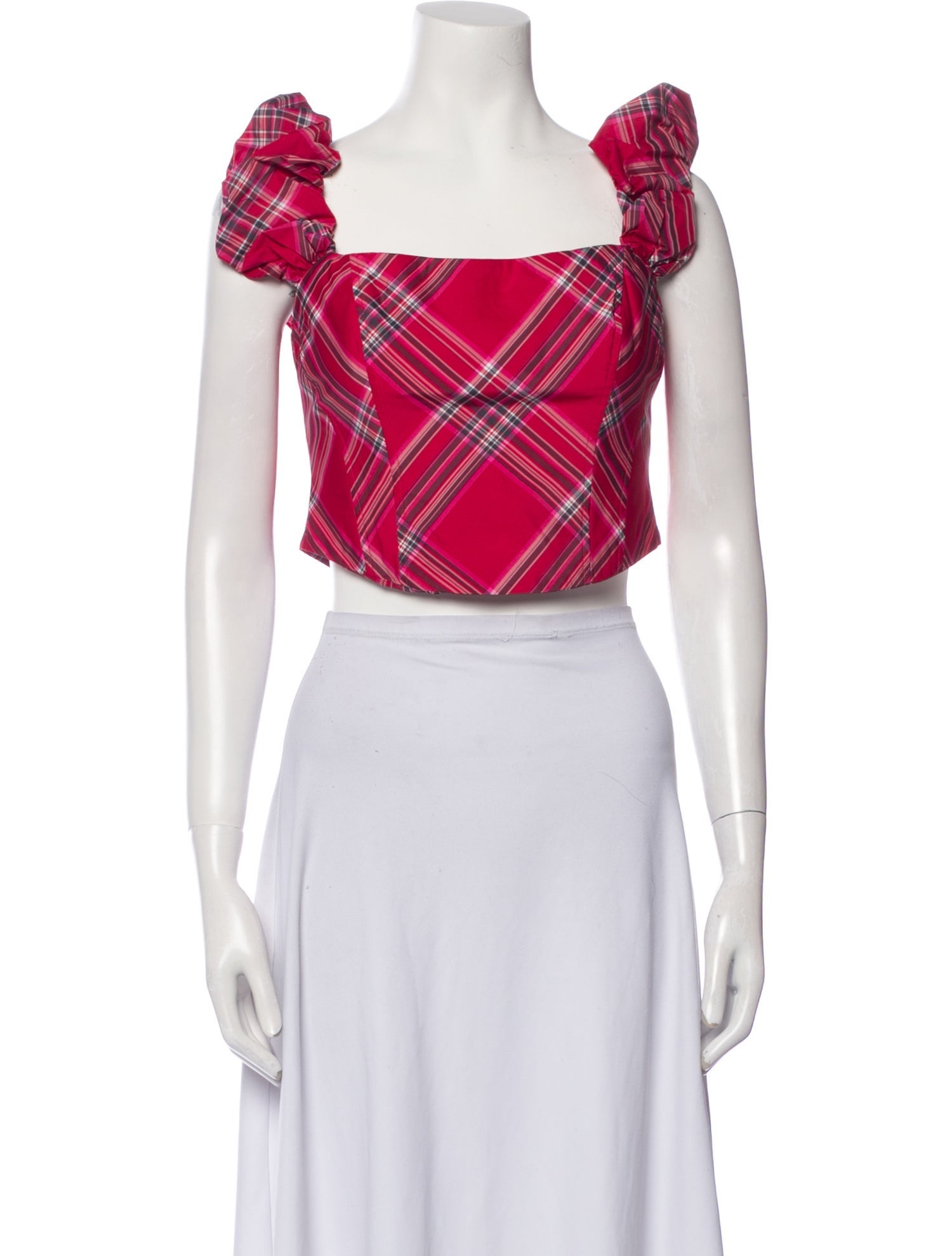 LoveShackFancy Plaid Print Square Neckline Crop Top