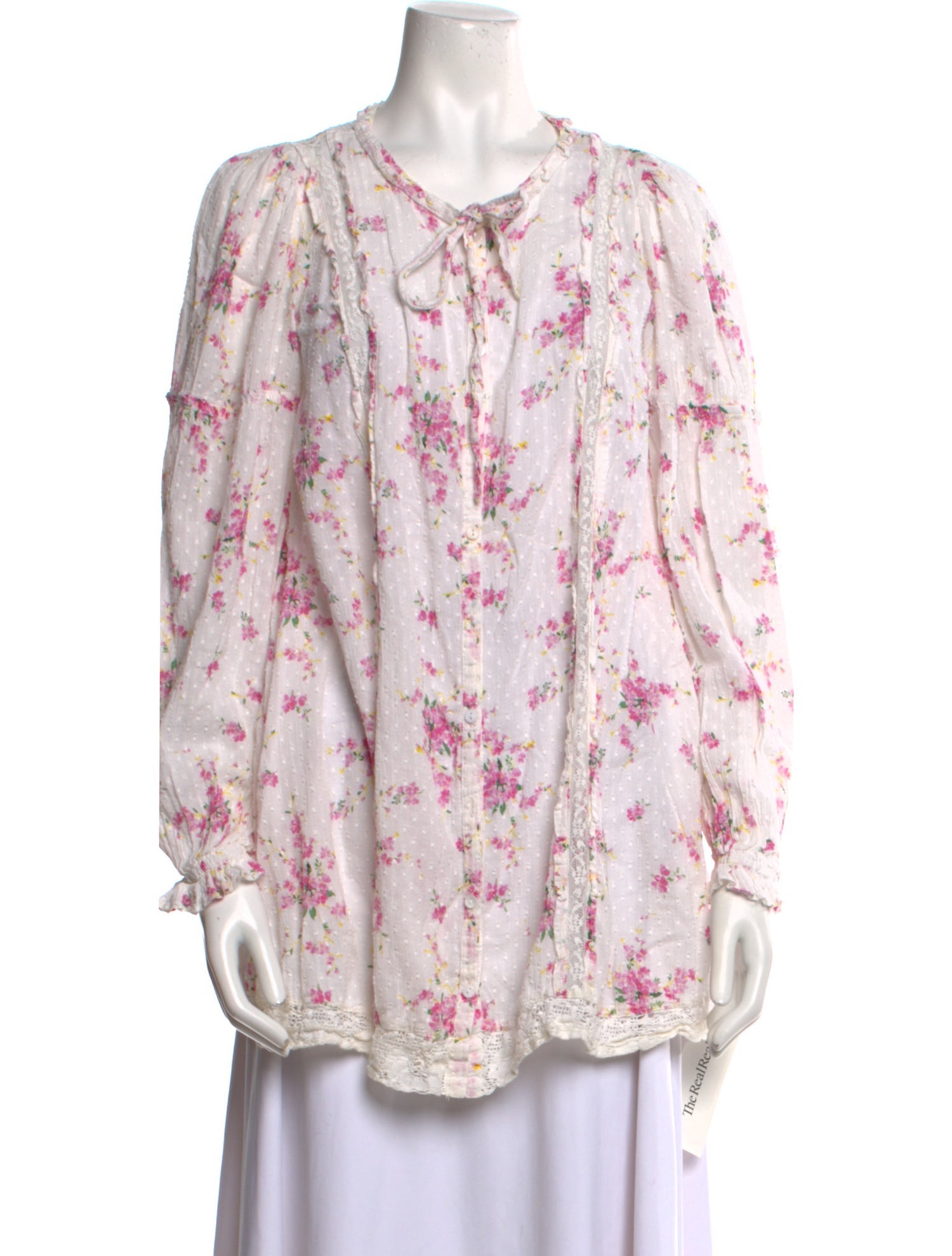 LoveShackFancy Floral Print Tie Neck Blouse