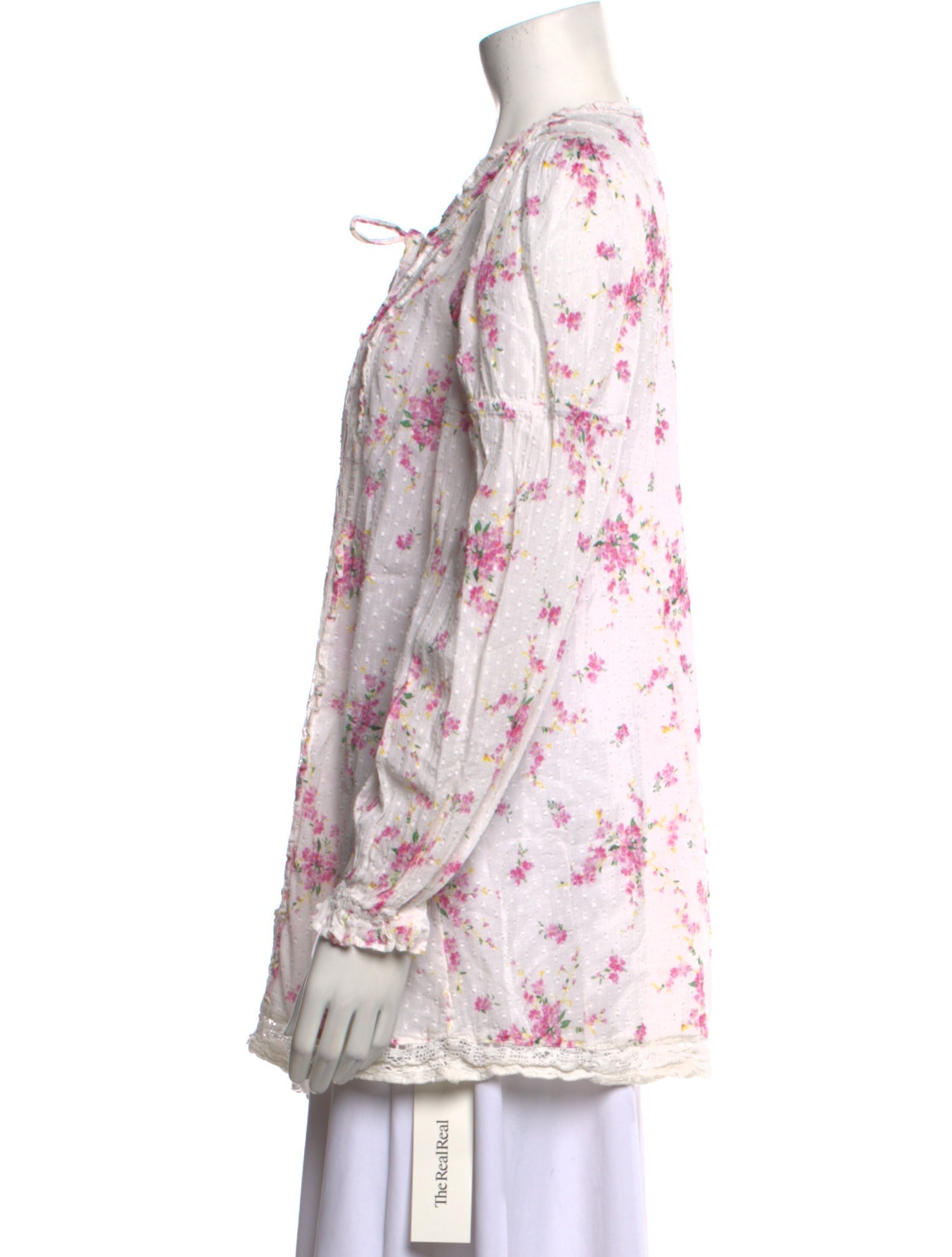 LoveShackFancy Floral Print Tie Neck Blouse