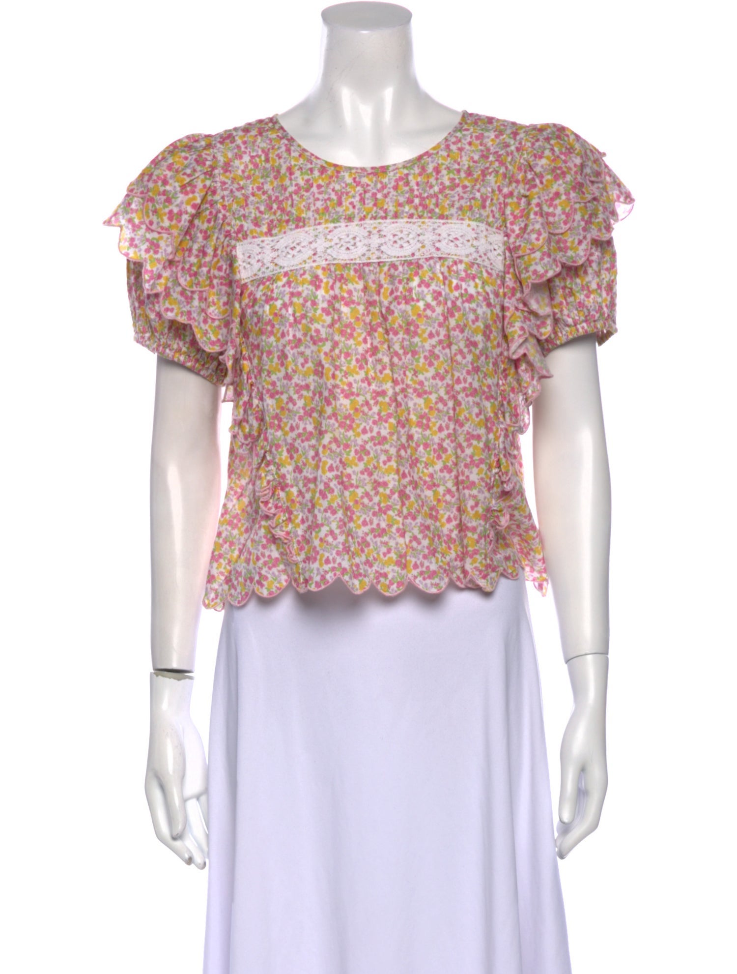 LoveShackFancy Floral Print Crew Neck Crop Top