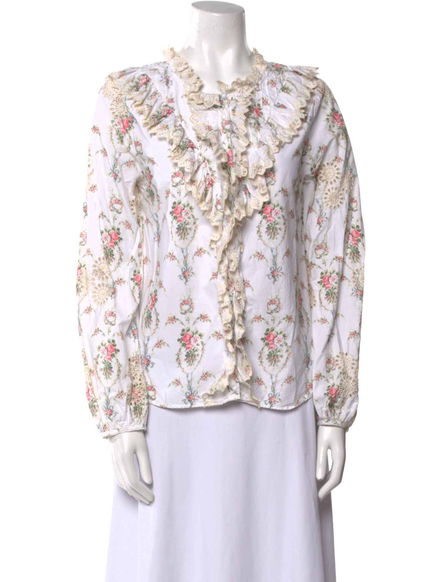 LoveShackFancy Floral Print Mock Neck Blouse