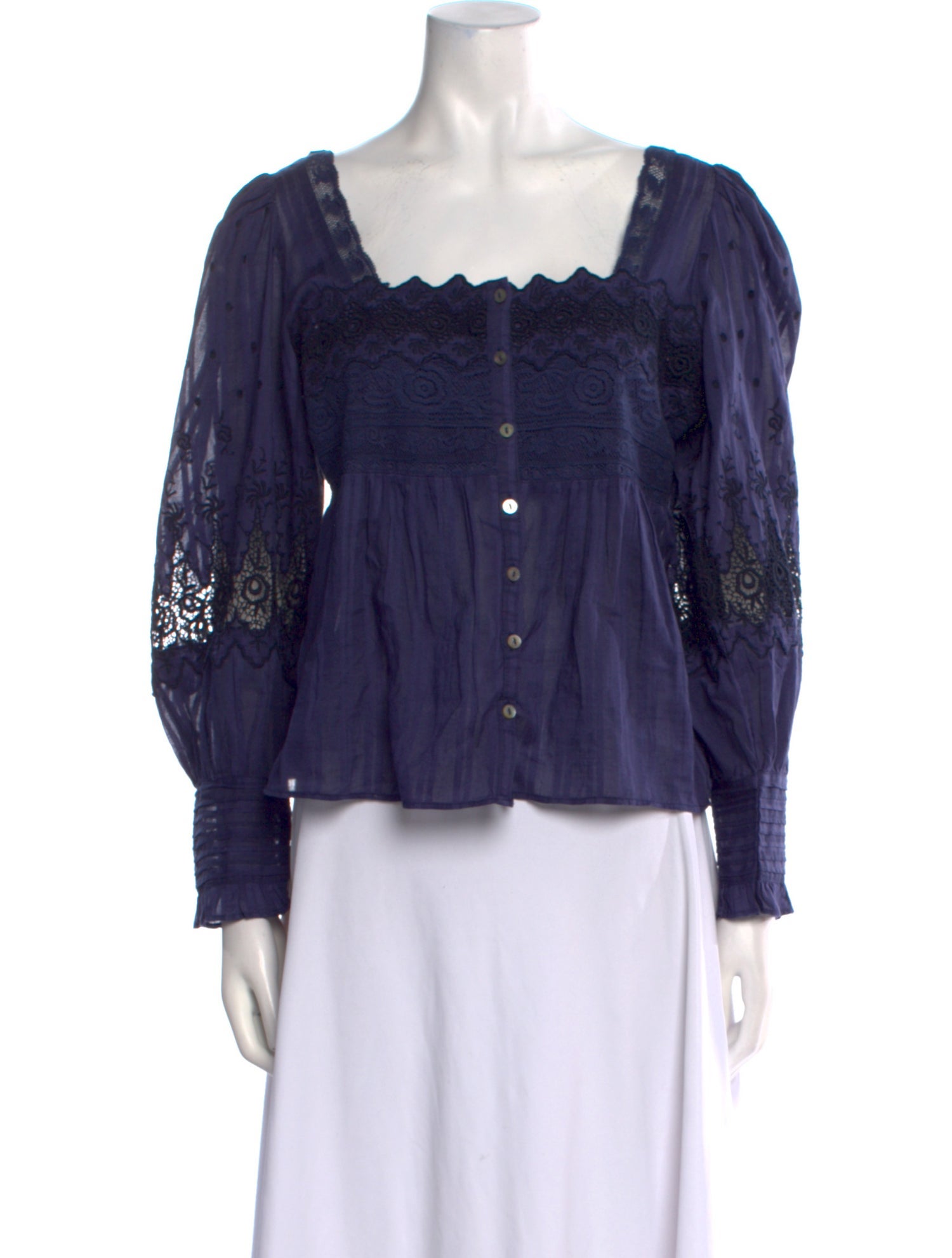 LoveShackFancy Lace Pattern Square Neckline Button-Up Top