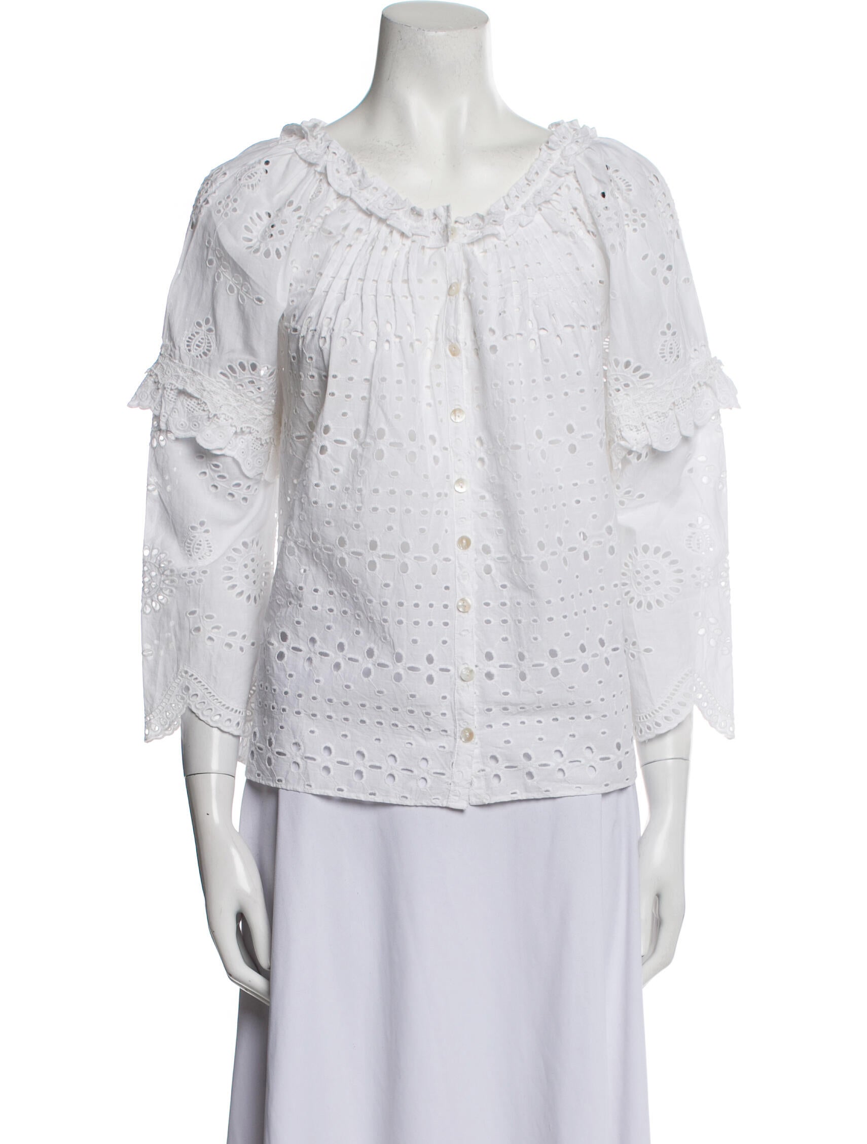 LoveShackFancy Scoop Neck Three-Quarter Sleeve Blouse